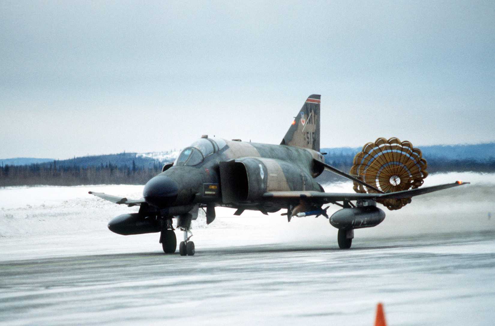 An F-4 Phantom II aircraft lands during Exercise Brim Frost '83