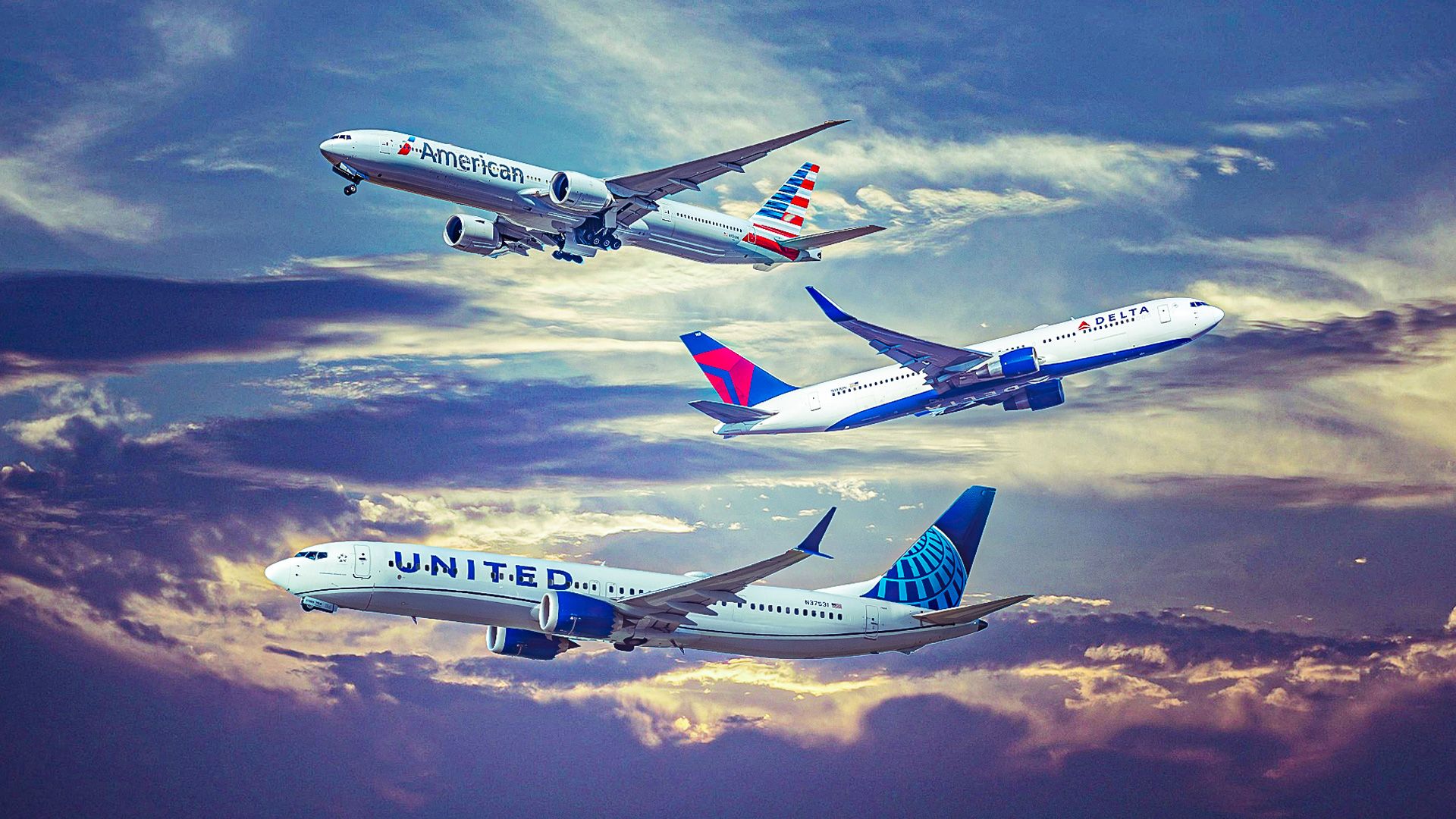 American Airlines, Delta Airlines and United Airlines Flying in a group
