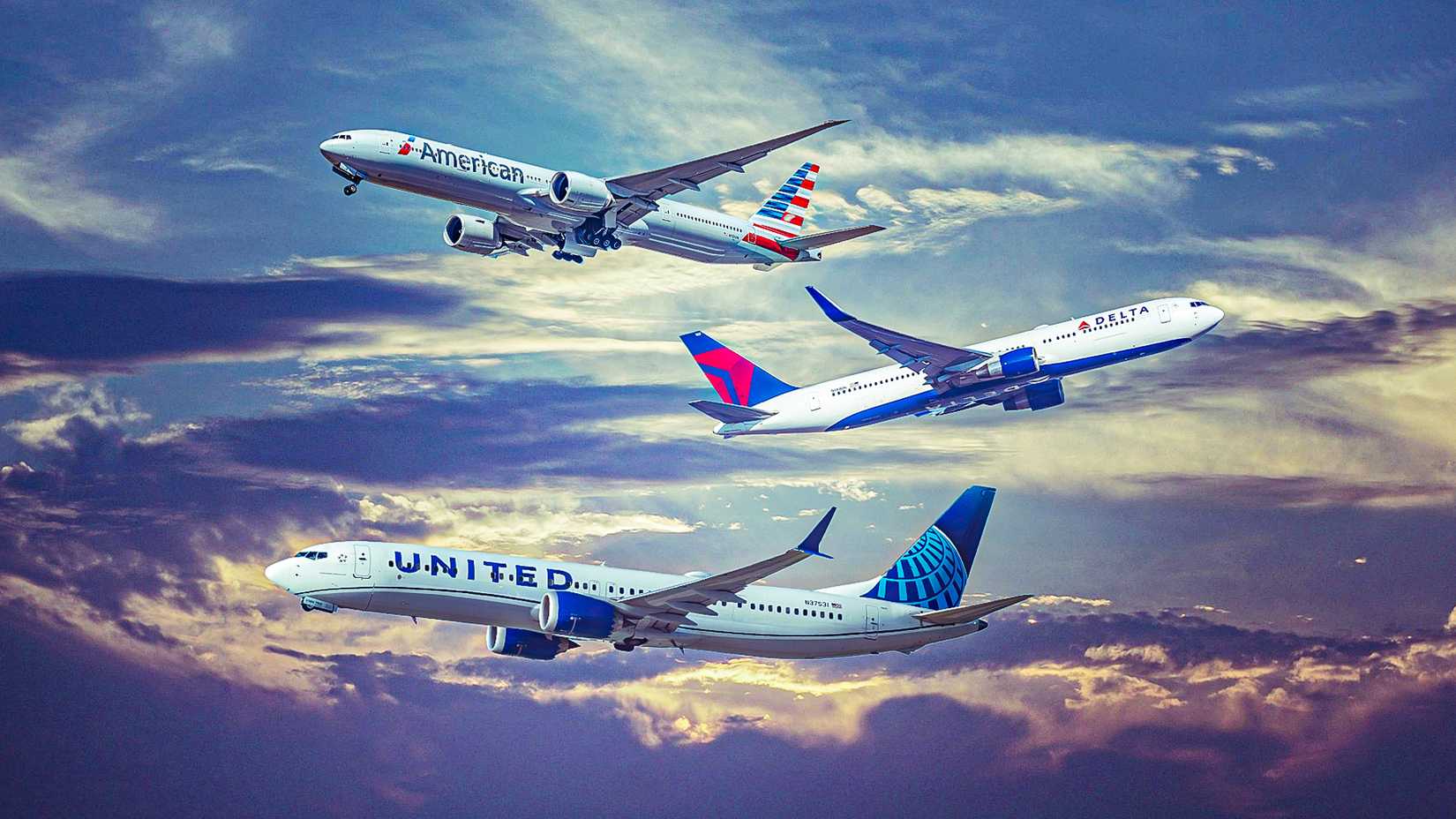 American Airlines, Delta Airlines and United Airlines Flying in a group custom thumbnail