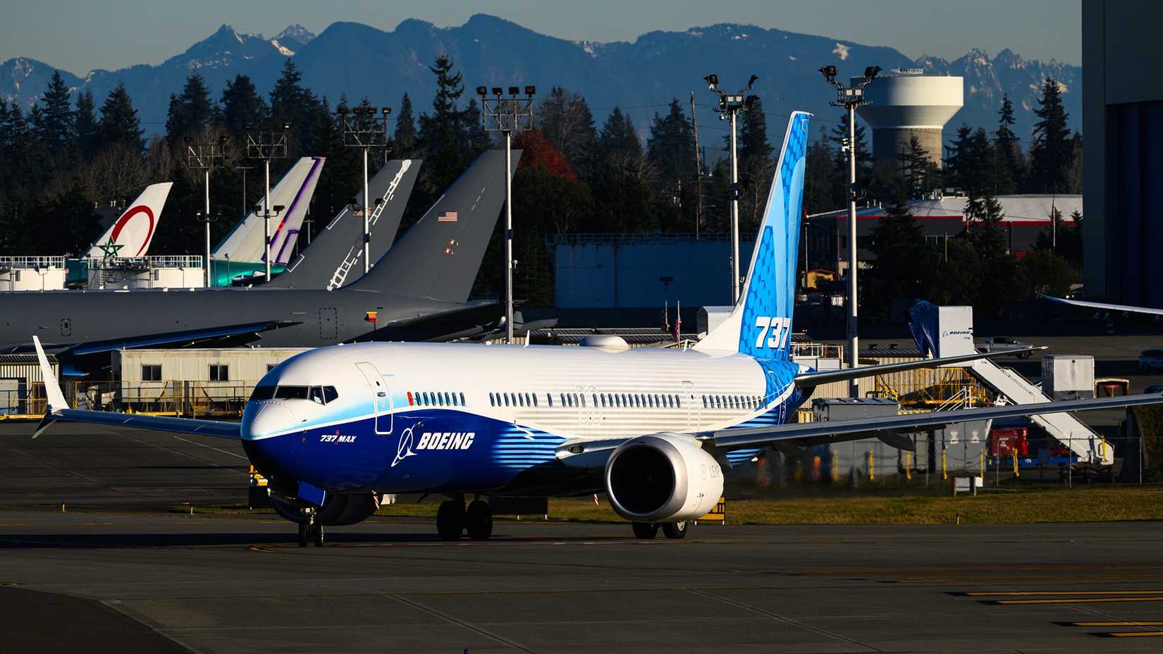 Boeing 737 MAX 10 aircraft taxiing in company colors at Paine Field factory