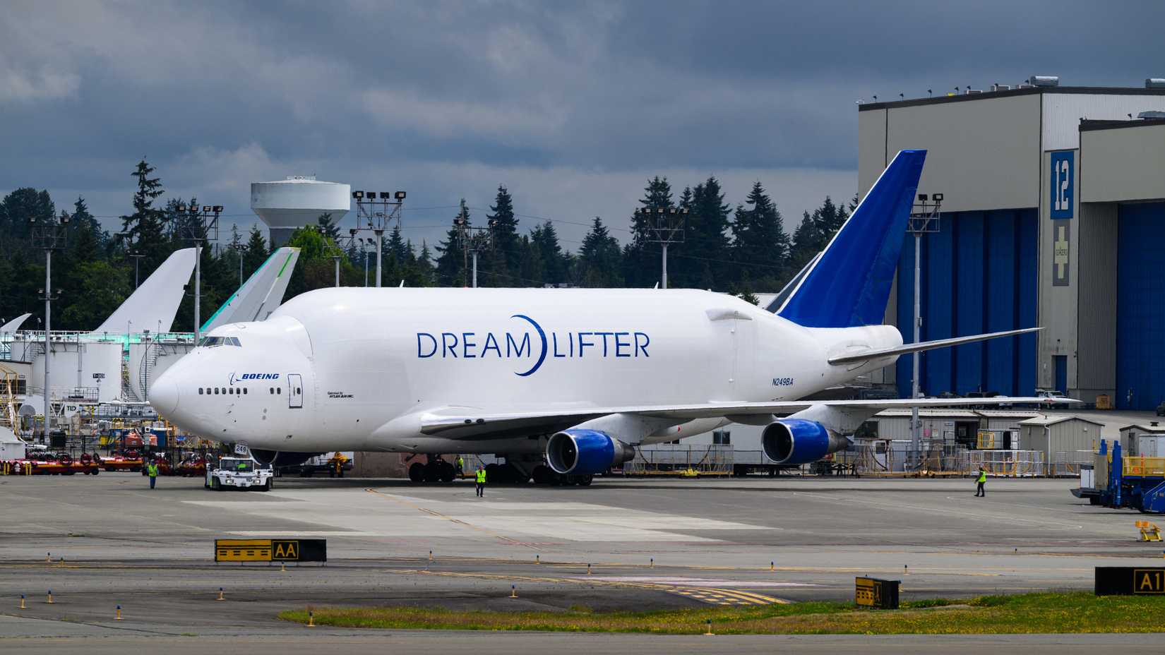 Boeing 747 Large Cargo Freighter Dreamlifter preparing to taxi for departure.-1