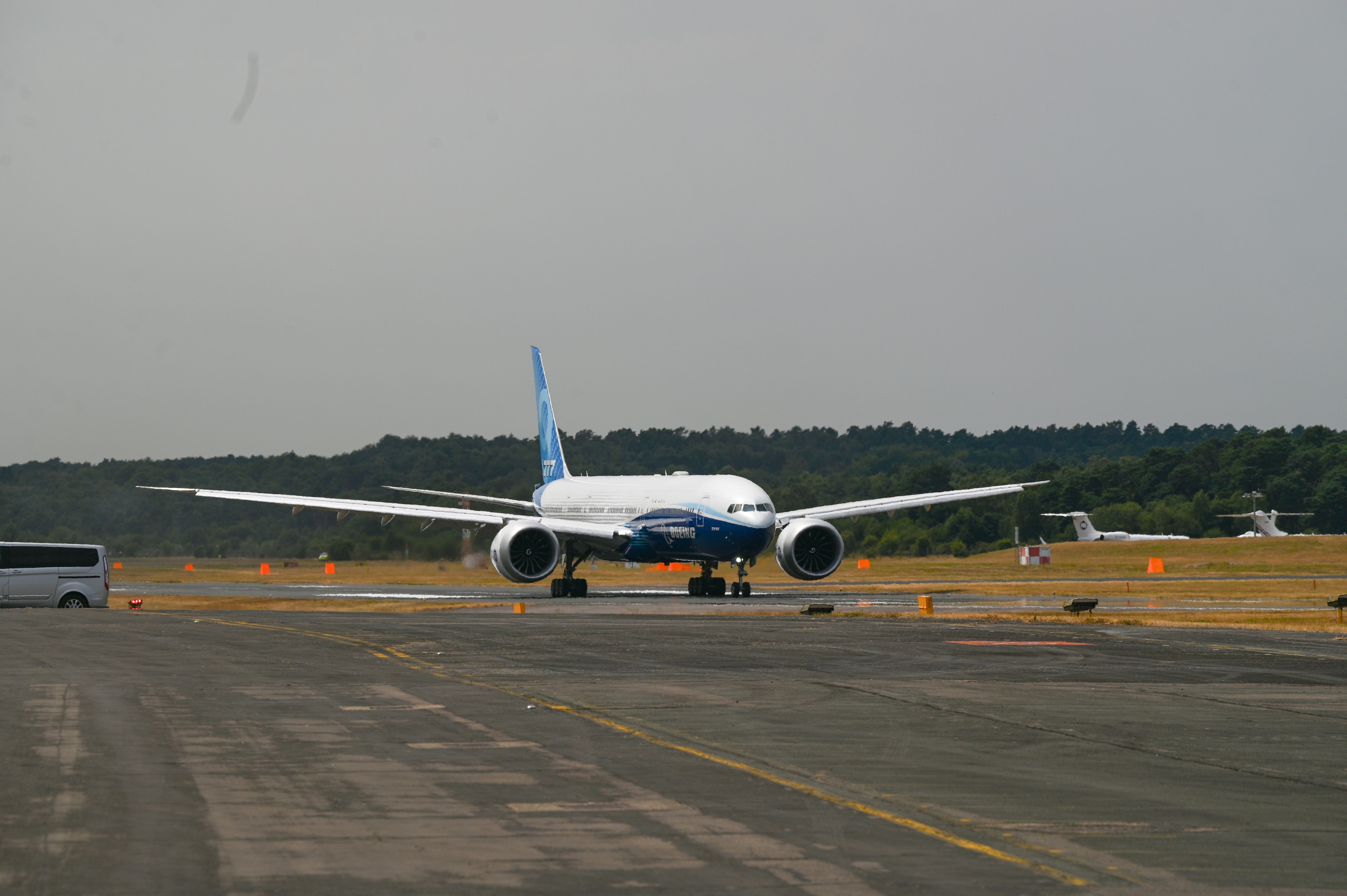 Boeing 777-9 aircraft on display at Farnborough Airport.