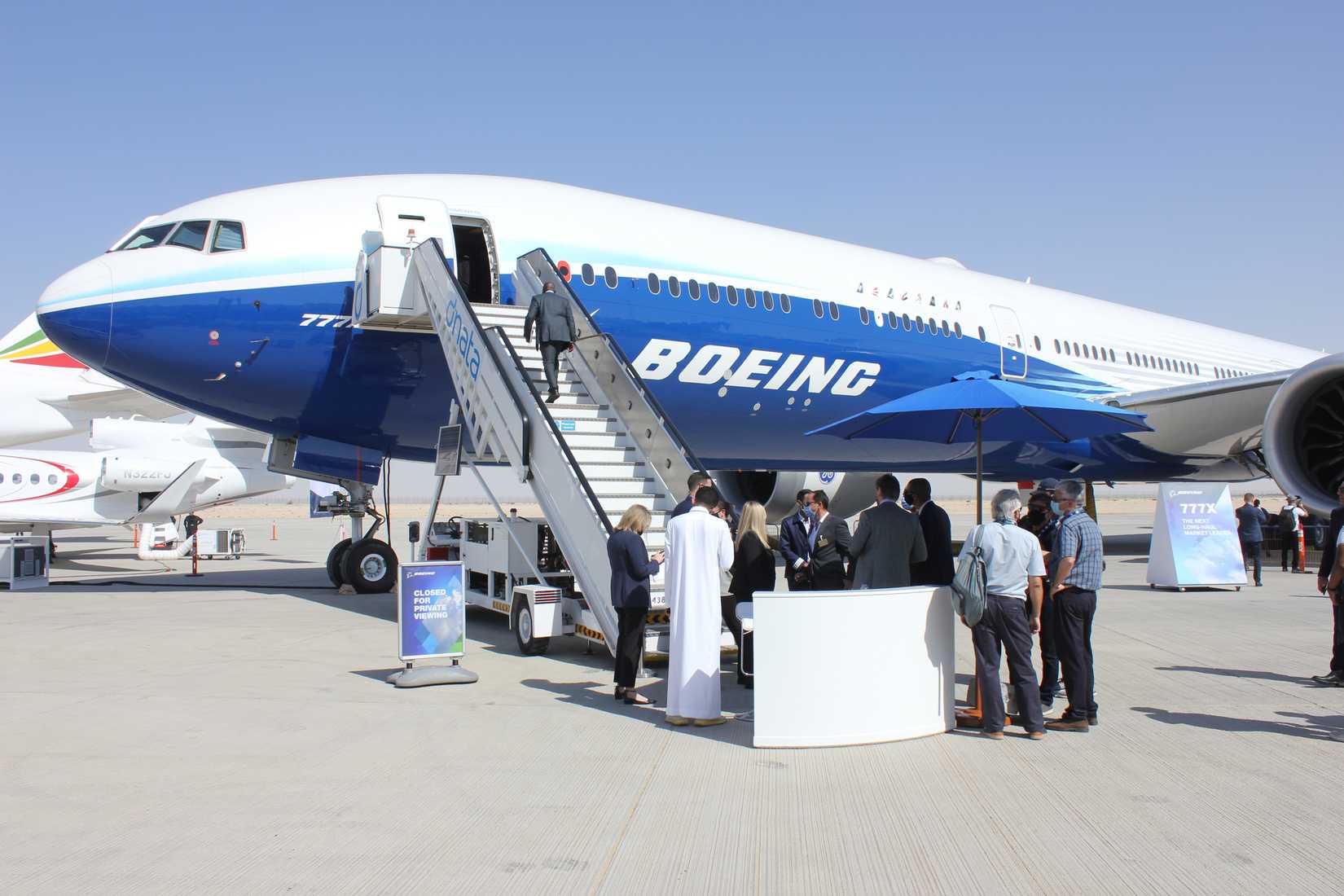 Boeing 777X (777-9) flight test aircraft makes its international debut at Dubai Airshow 2021.