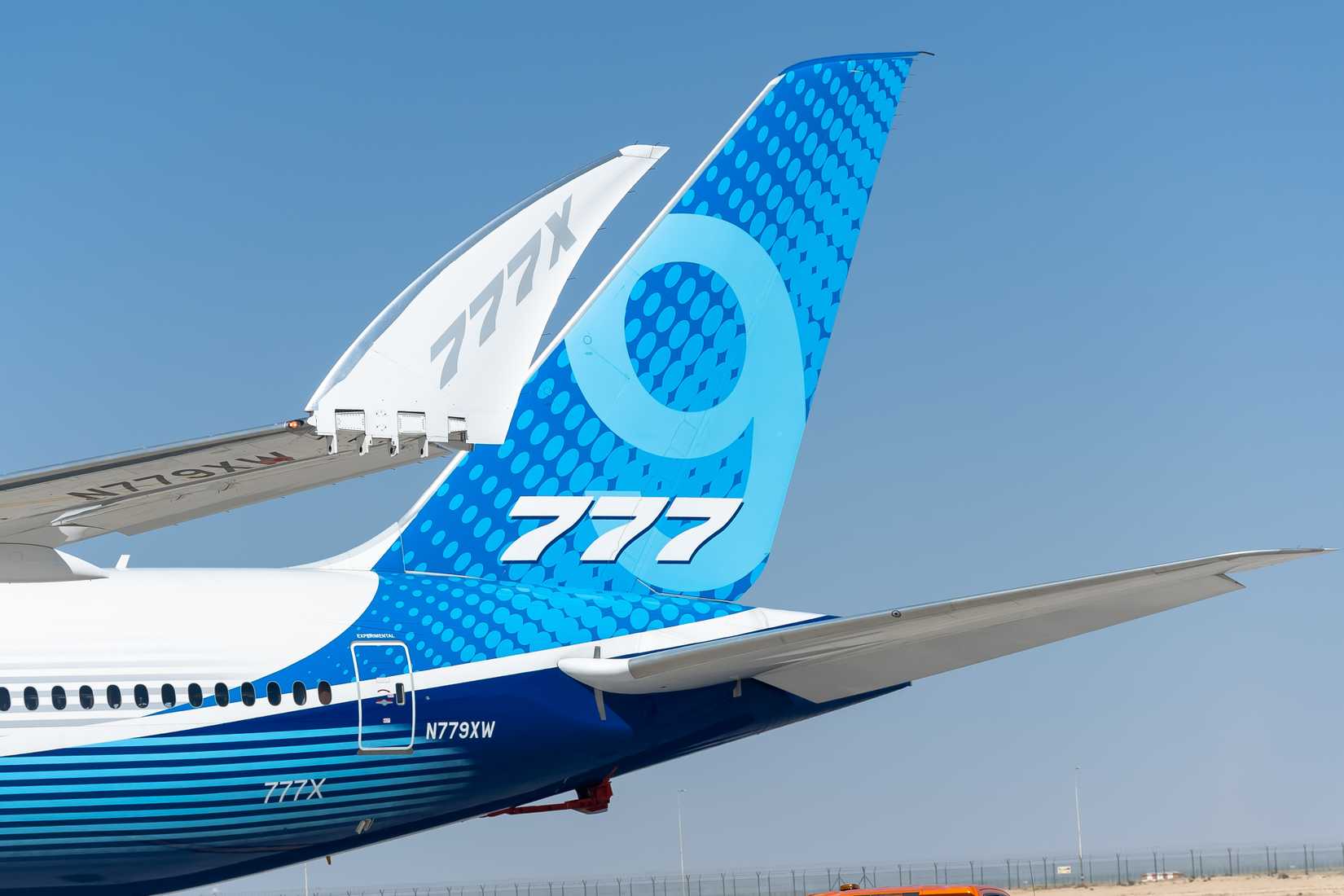 Boeing 777X newly built aircraft by Boeing with the retractable winglets can be seen in the photo. aircraft is on static display at Dubai.