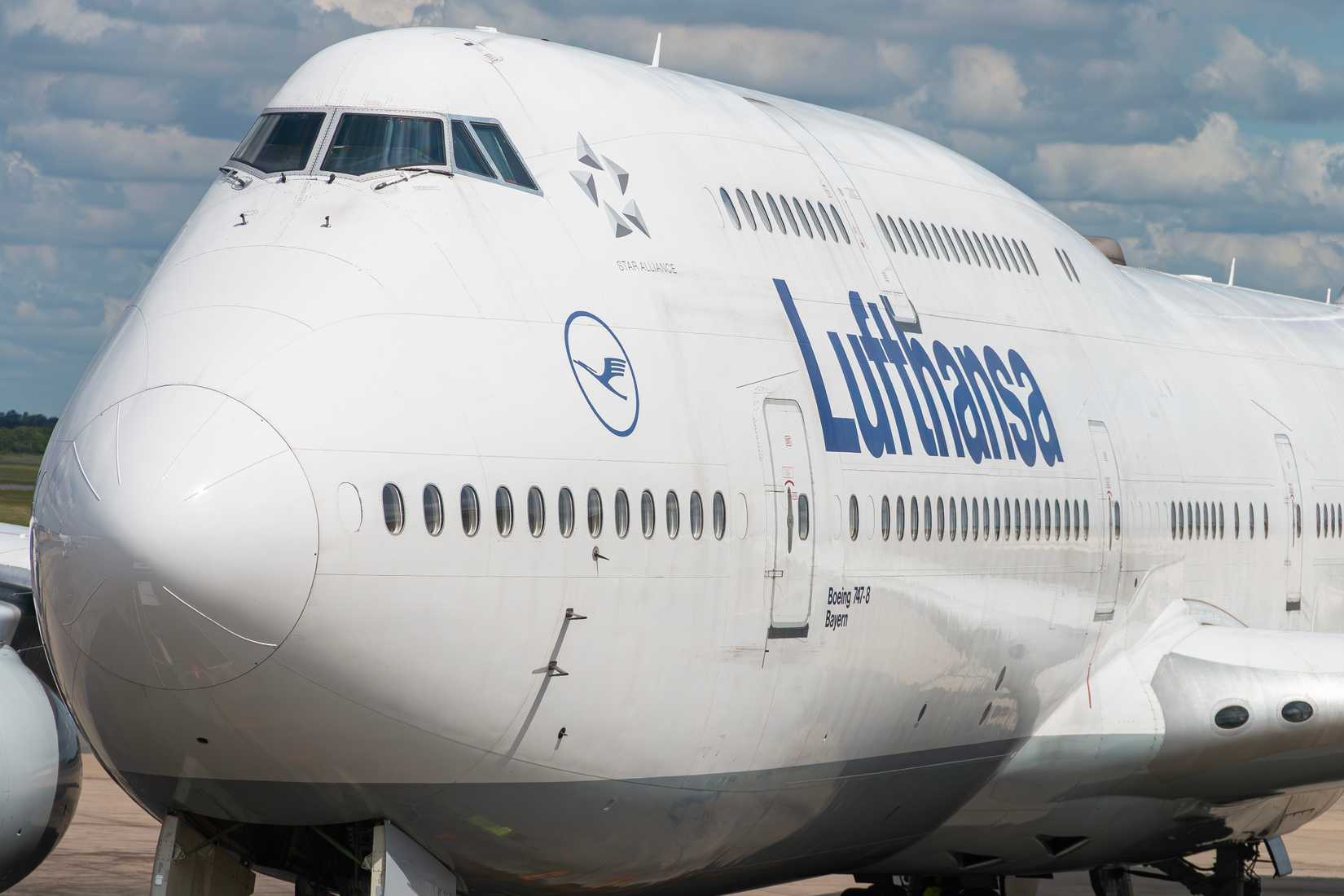Close-up of Lufthansa Boeing 747-8 on the apron at Ezeiza International Airport, Buenos Aires.