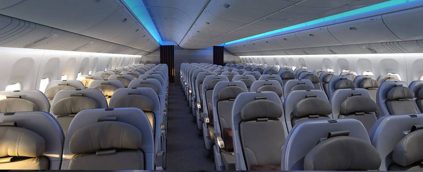 economy cabin Boeing 777X with wider aisle and windows