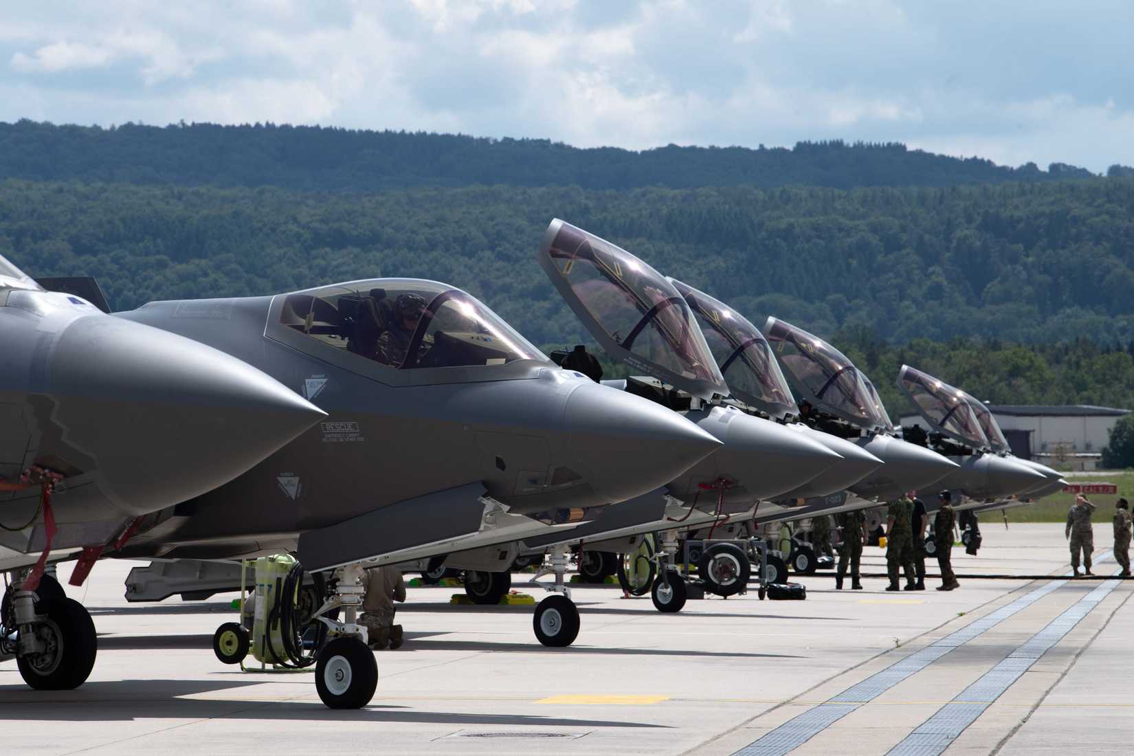 Eight F-35A Lightning IIs receive maintenance during Ramstein 1v1 at Ramstein Air Base, Germany, June 6, 2024.