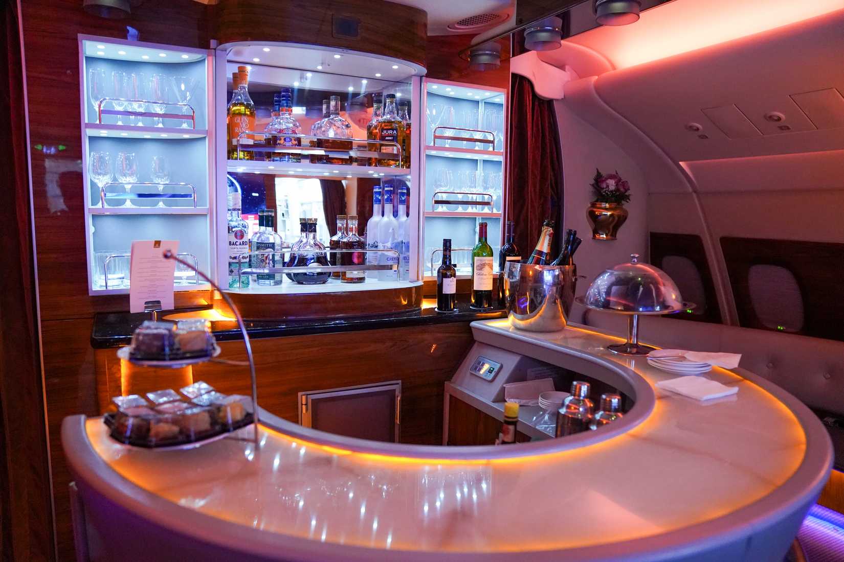 Emirates Airbus A380 in flight cocktail bar and lounge.
