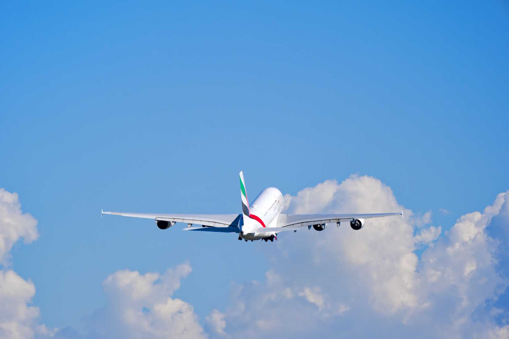Emirates passenger airplane Airbus A380-800 registration A6-EDS taking off from Swiss Airport Zürich Kloten.