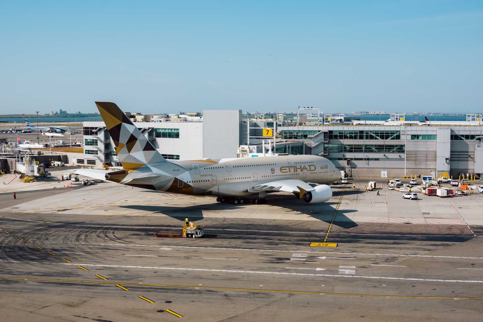 Etihad Airbus A380 at JFK Airport Queen, NY, USA.
