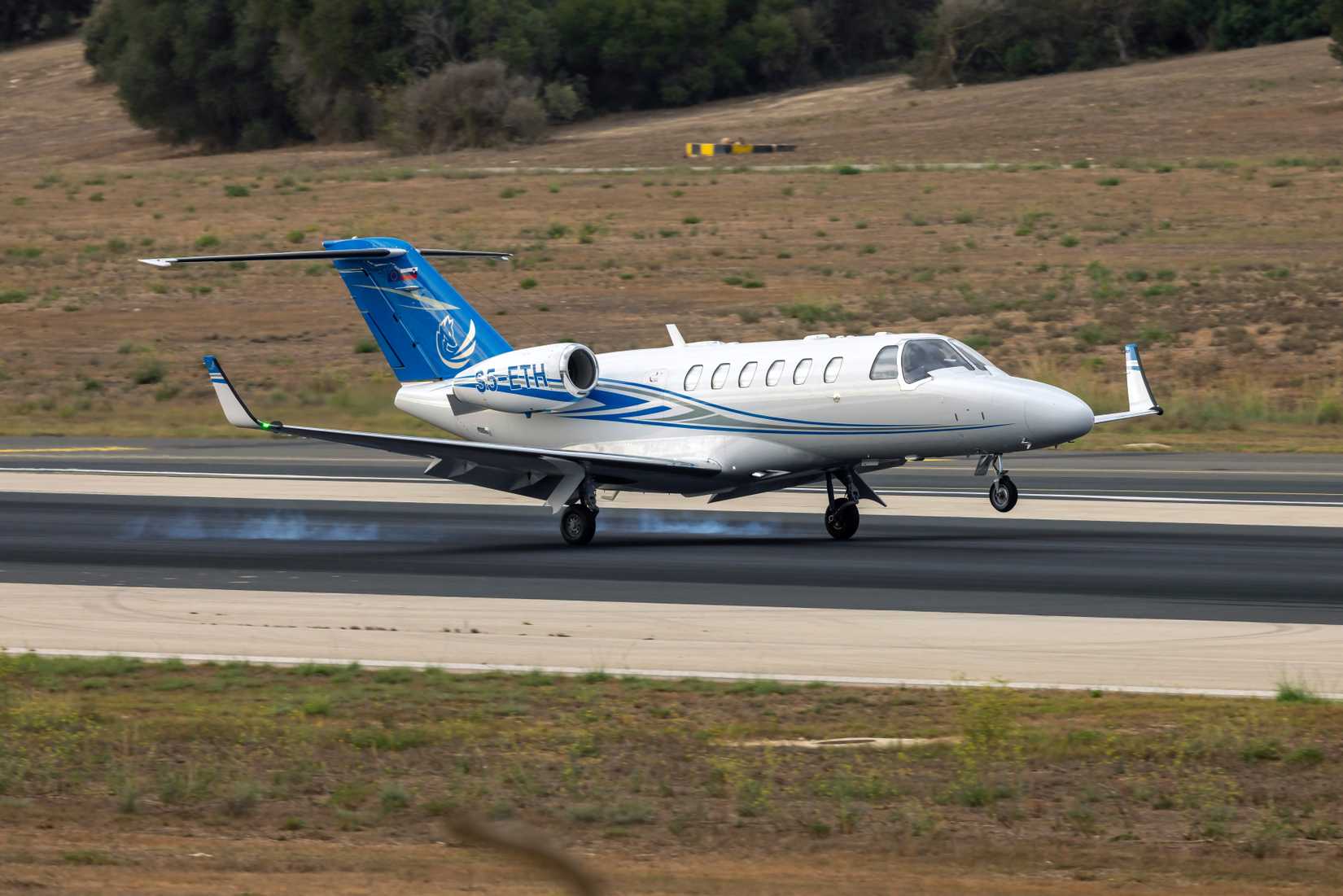 Fox Aviation Cessna 525A CitationJet CJ2+ (REG S5-ETH) landing in the early morning.