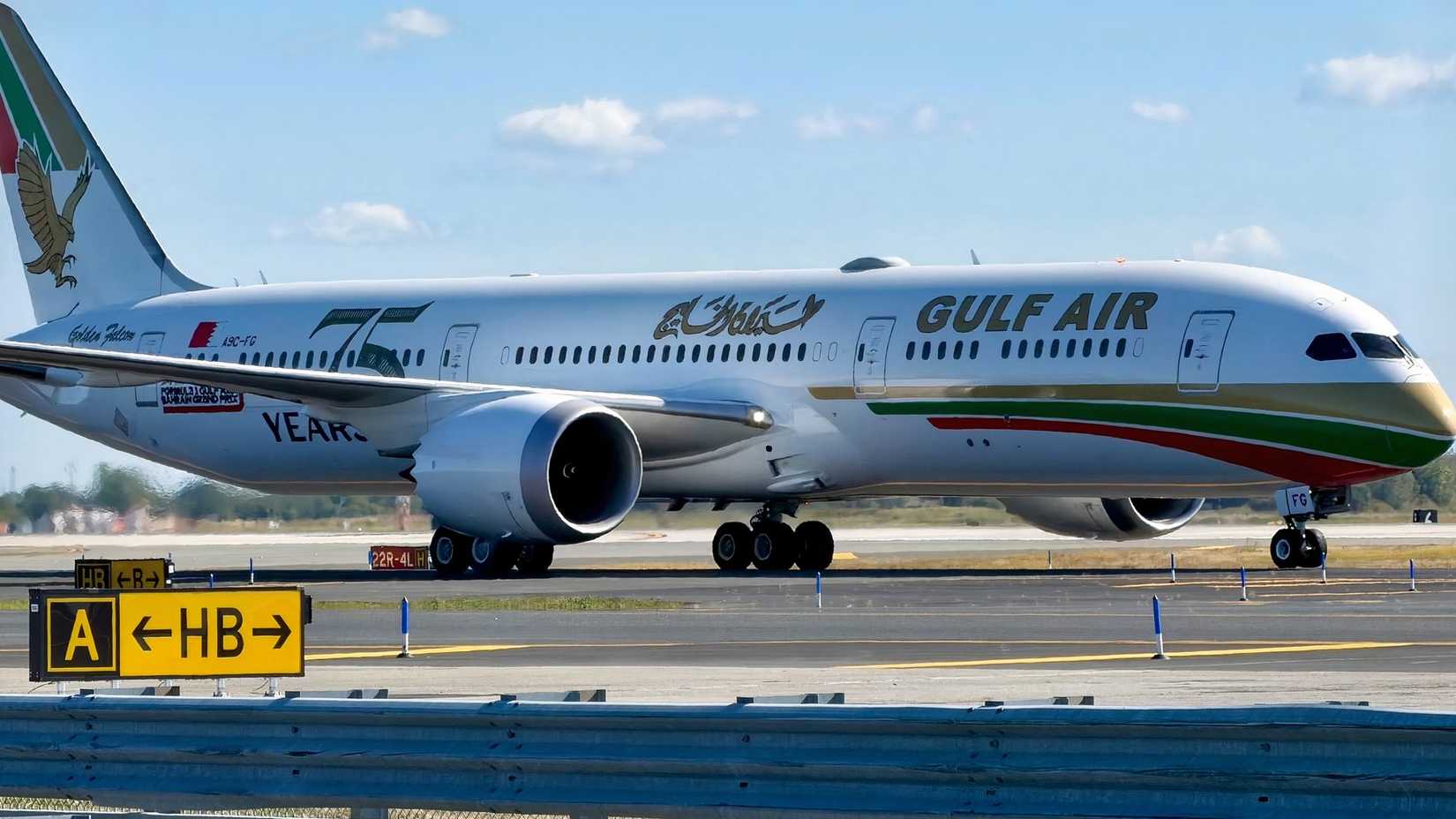 Gulf Air has returned to New York JFK and its Boeing 787-9 is seen taxiing at the airport towards its stand