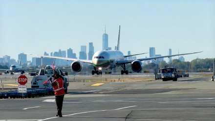 Gulf Air has returned to New York JFK and its Boeing 787-9 is seen taxiing at the airport