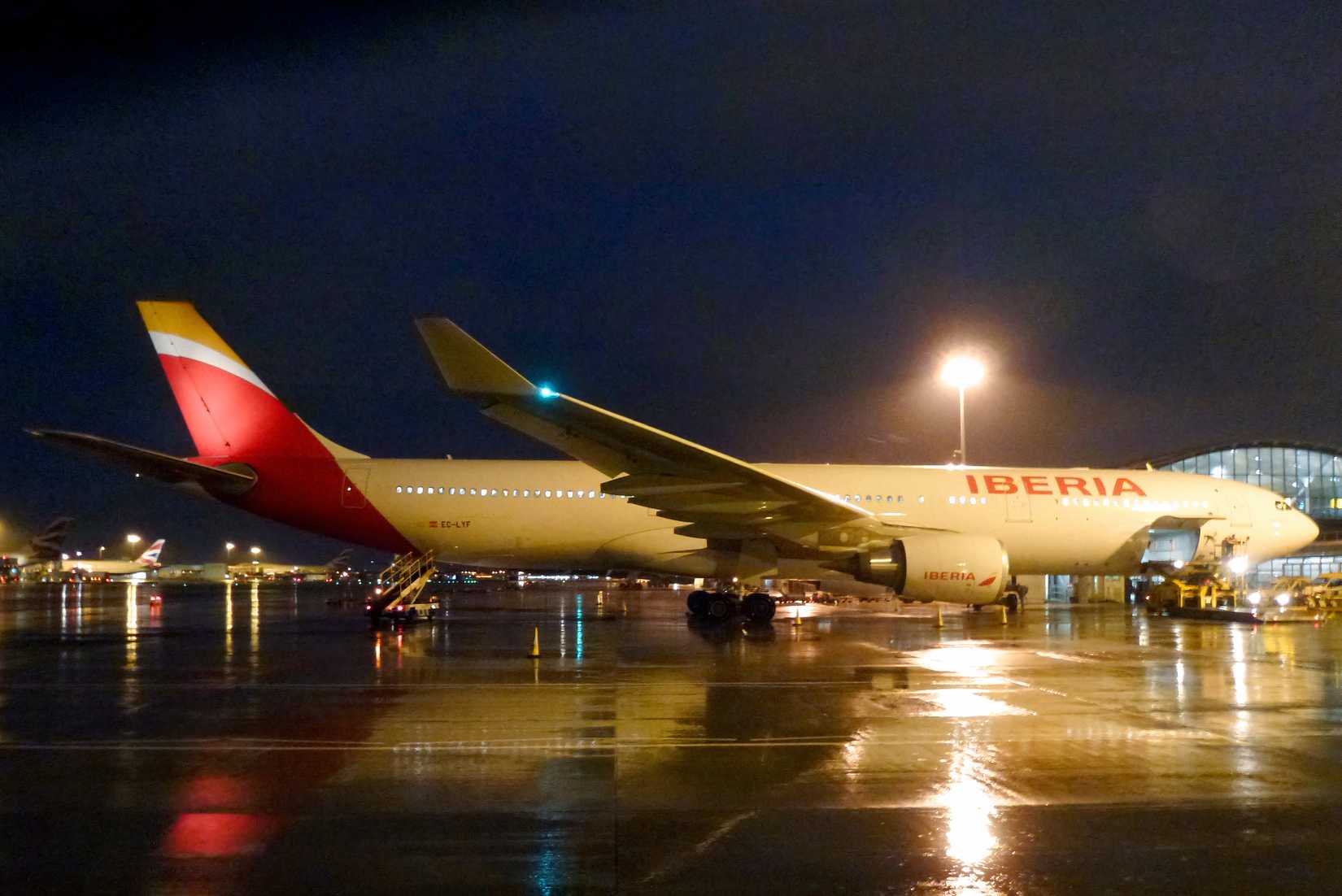Iberia Airbus A330 on the ground at night