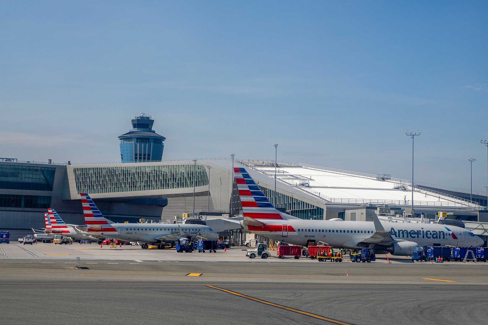 La Guardia Airport view from airplane cabin before taking off.