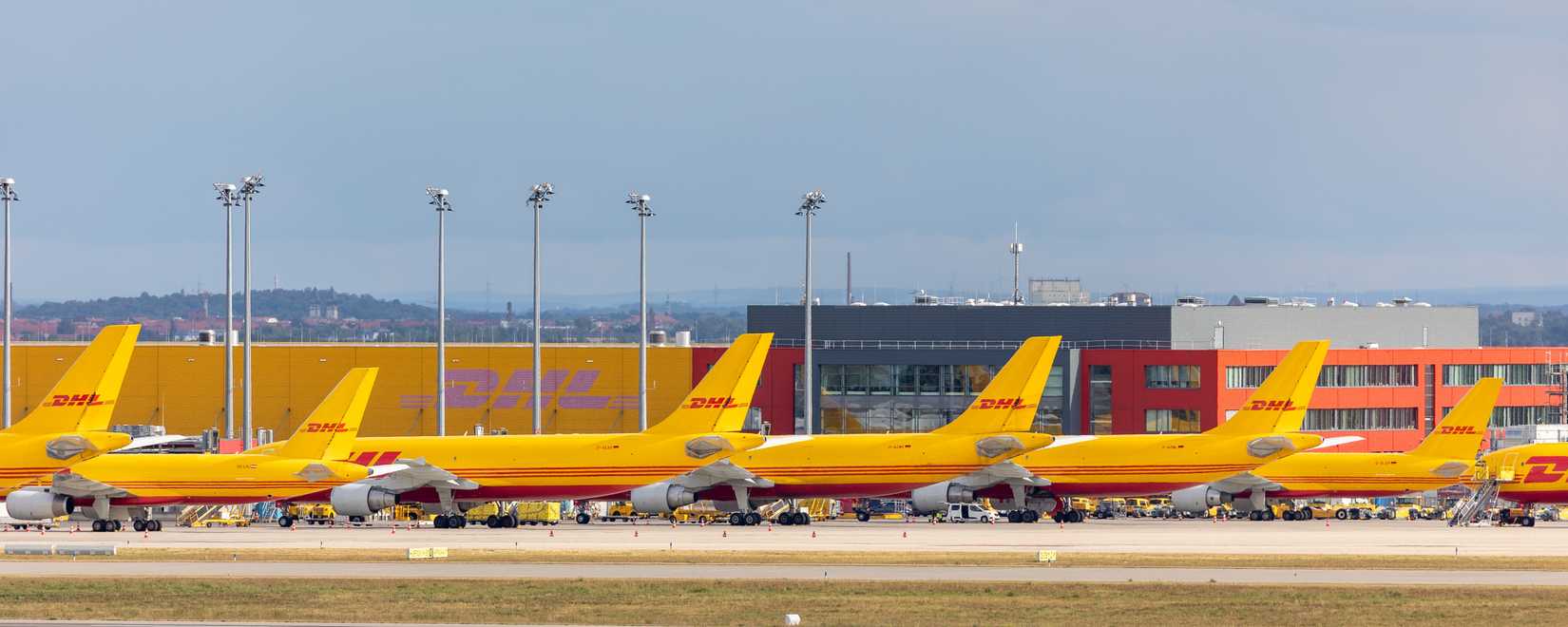 Leipzig Halle airport terminal tarmac apron for DHL loading, service maintenance.