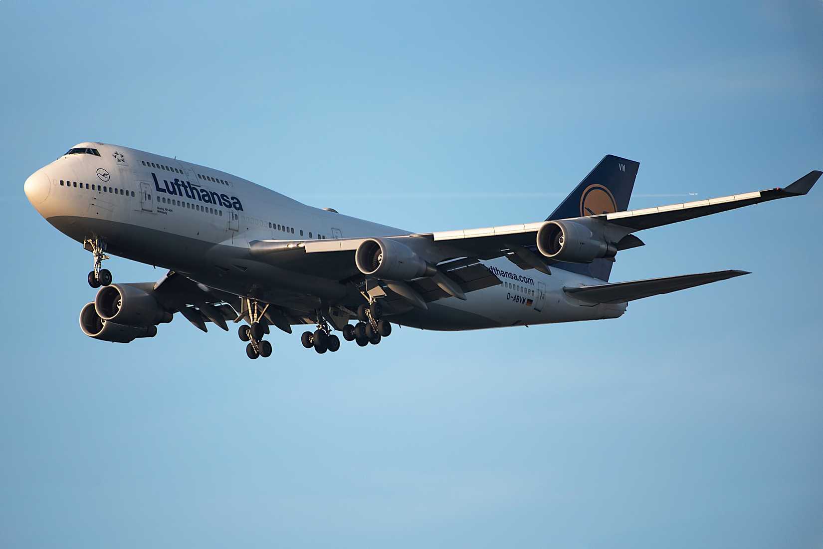 Lufthansa Airlines Boeing 747-400 over airport on May 15,2022 in Frankfurt,Germany.