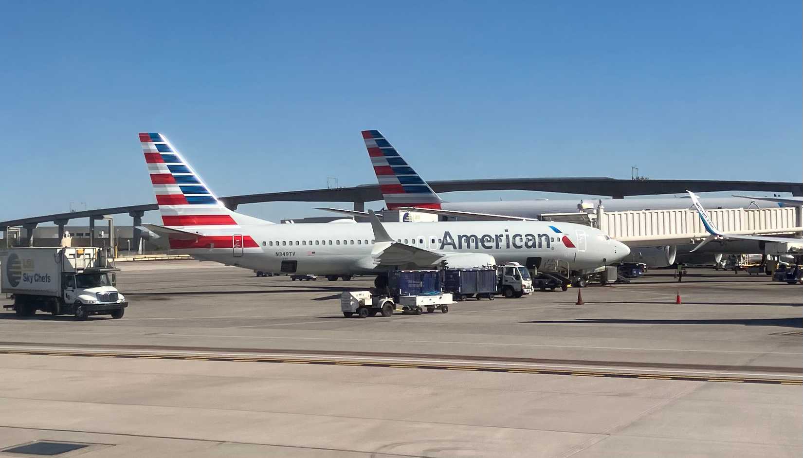 A Boeing 737 Max 8 parking at its gate after its trip as AAL2471 from SNA to PHX.