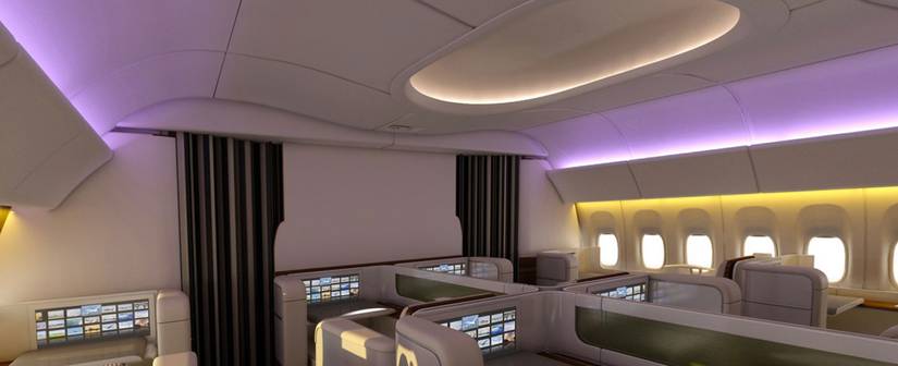 premium sculpted first class cabin with sleek architecture