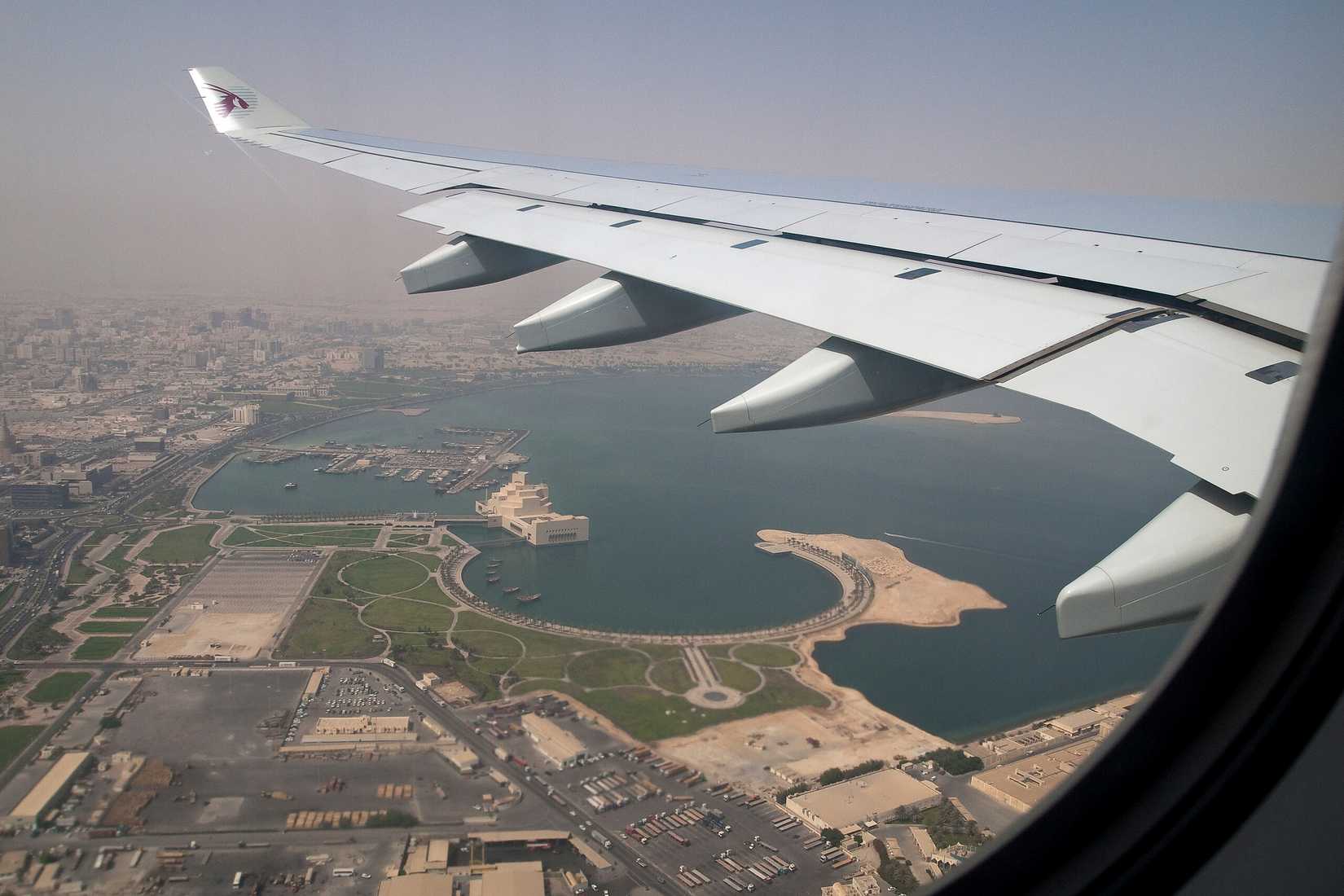 Doha as seen from the window of a Qatar Airways jet