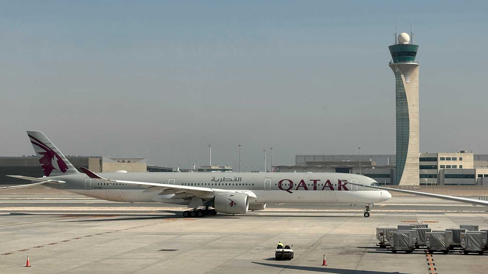 Qatar Airways Airbus A350-94 (A7-A08) parked at remote stand at Hamad International Airport (DOH).