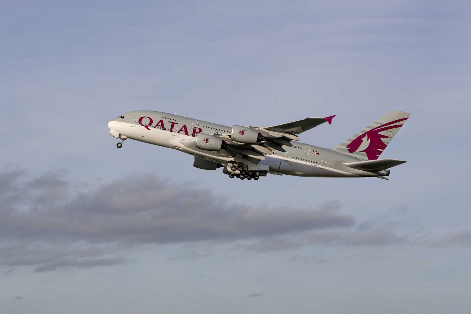 Qatar Airways, Airbus A380 taking off.