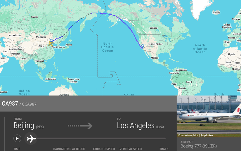 A route between Beijing and Los Angeles via Russian airspace