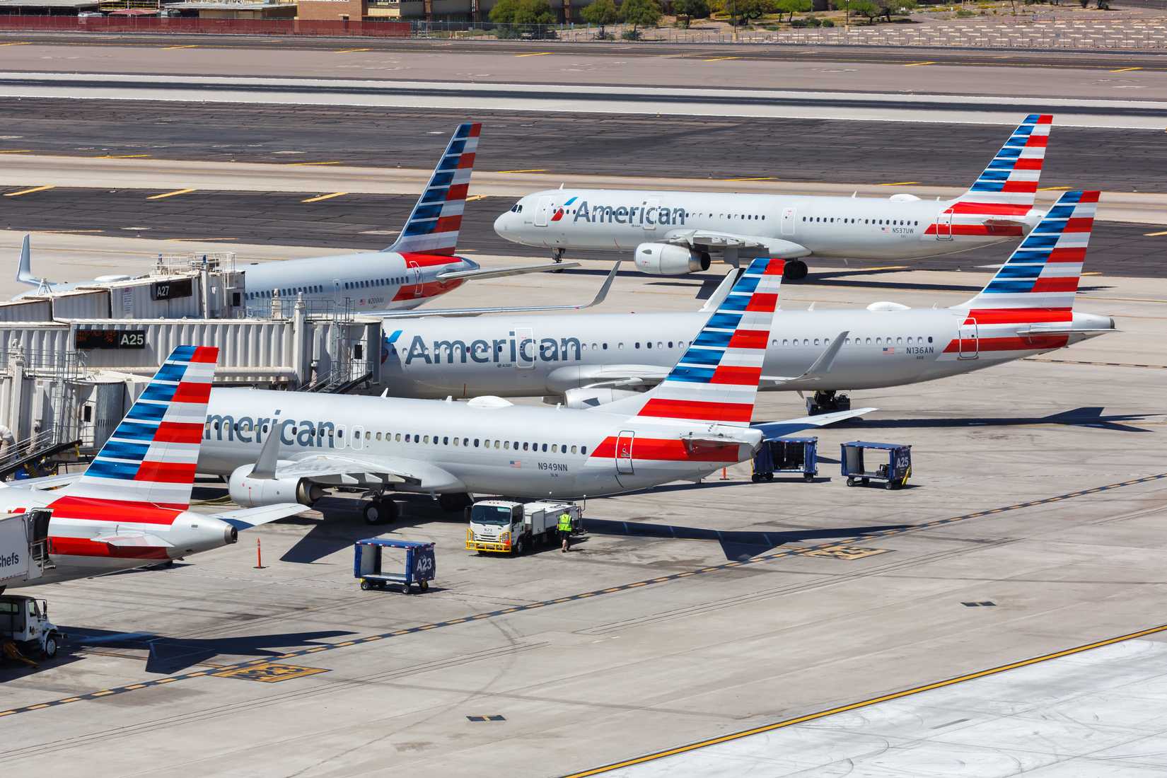 American Airlines Airbus airplanes at Phoenix Airport (PHX) in Arizona. Airbus is a European aircraft manufacturer based in Toulouse, France