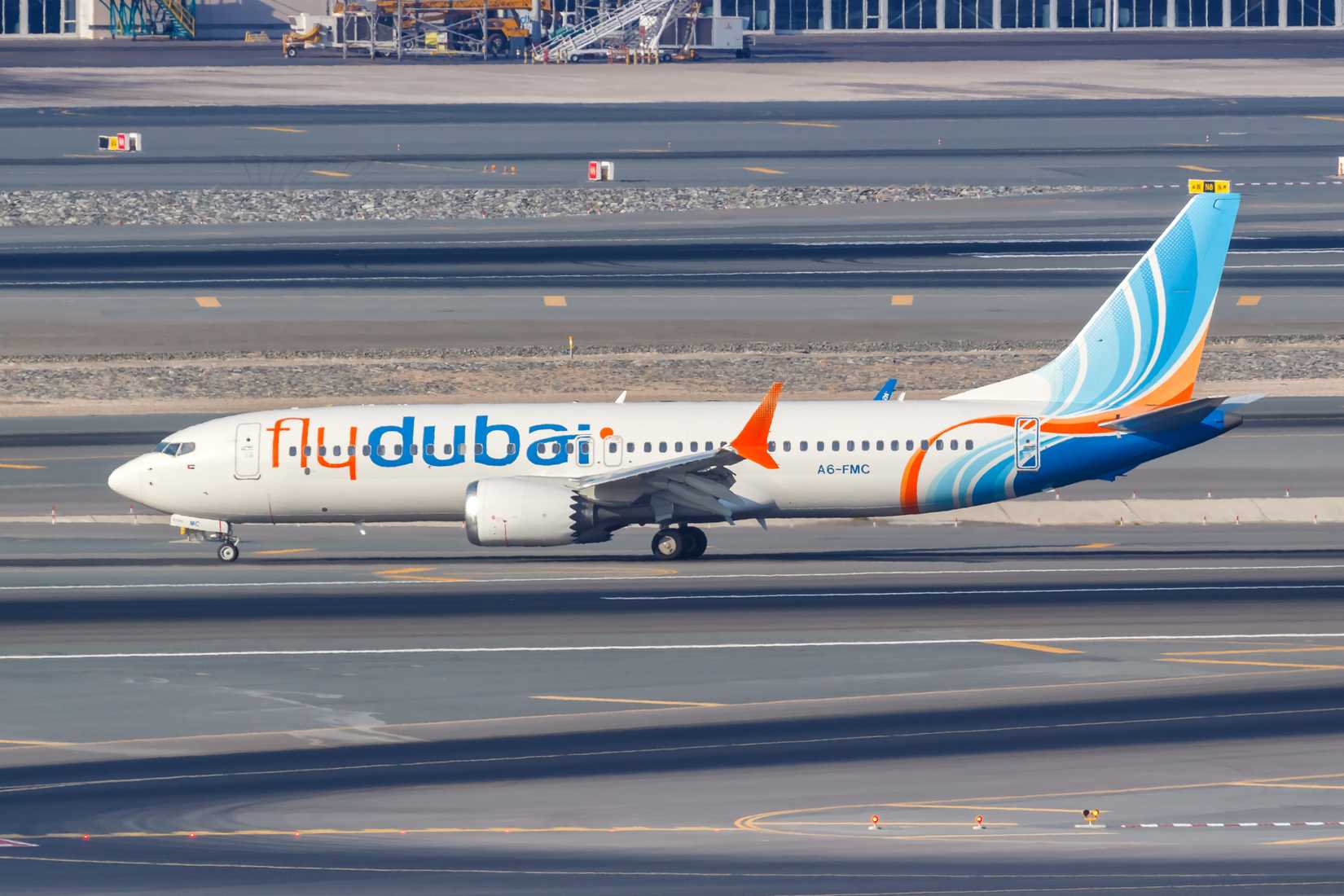 FlyDubai Boeing 737 MAX 8 aircraft on the runway at Dubai International Airport