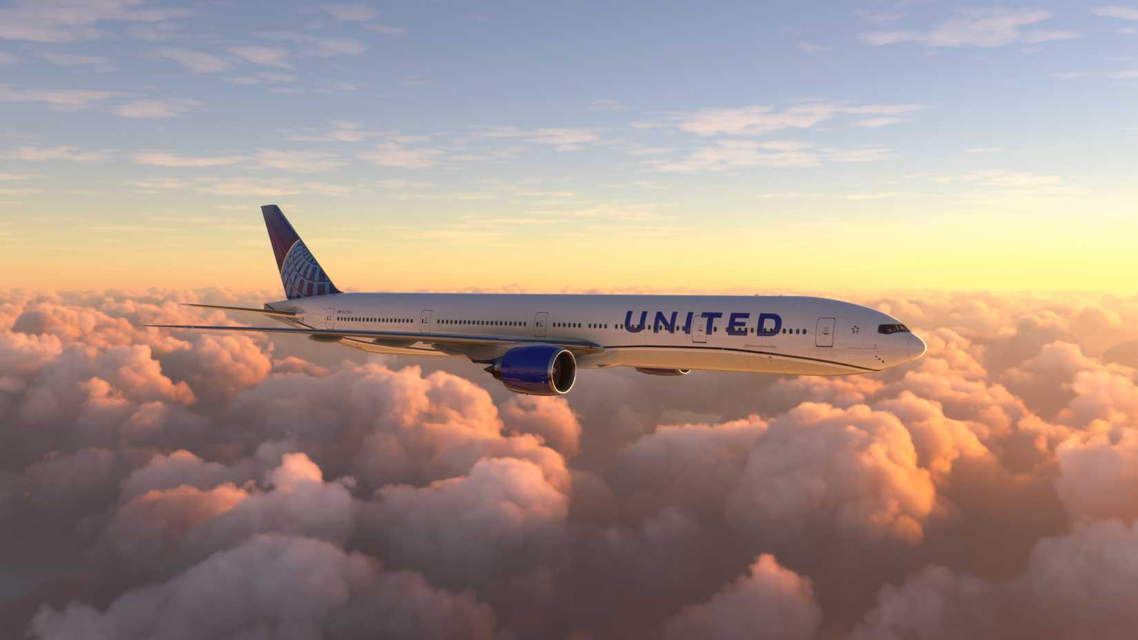 Boeing 777 United Airlines flying over amazing sunset, 26 jul. 2022, Sao Paulo, Brazil