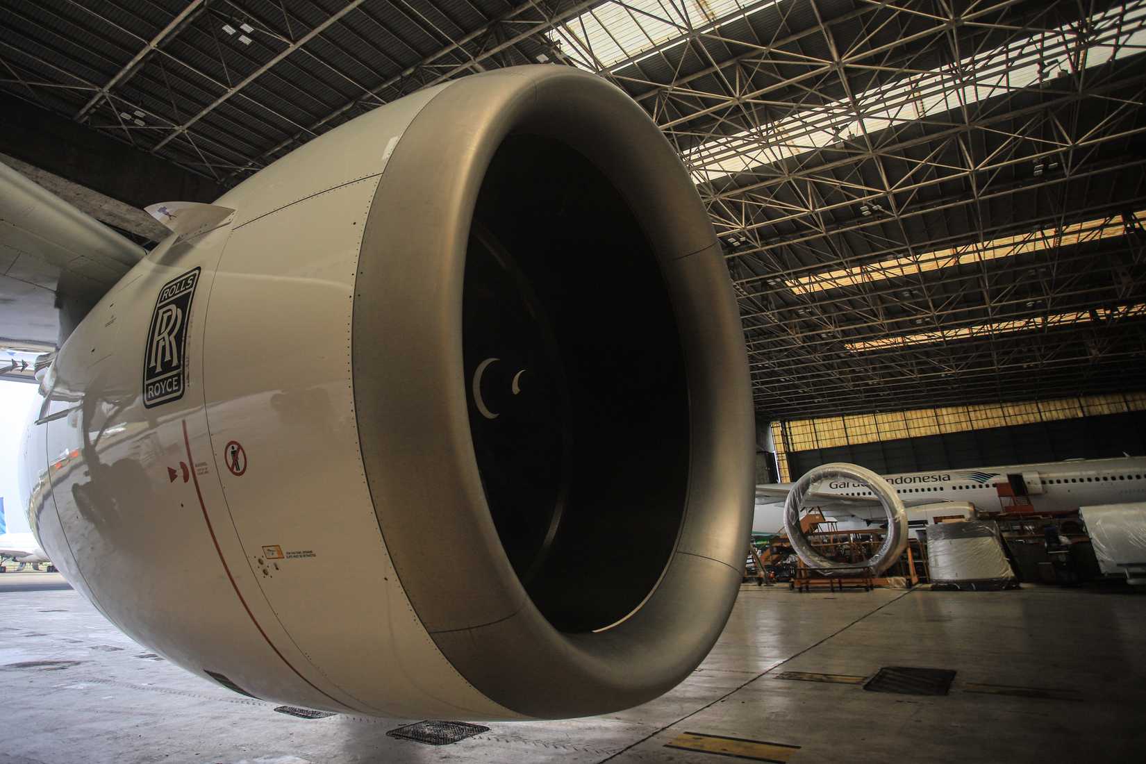 Jet engine from Roll Royce on an Airbus A330neo aircraft undergoing service at the Garuda Maintenance Facility