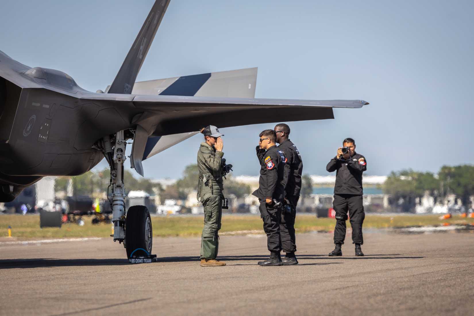 The members of the US Air Force F-35 Demonstration Team assisting a Lockheed Martin F-35 at an air show