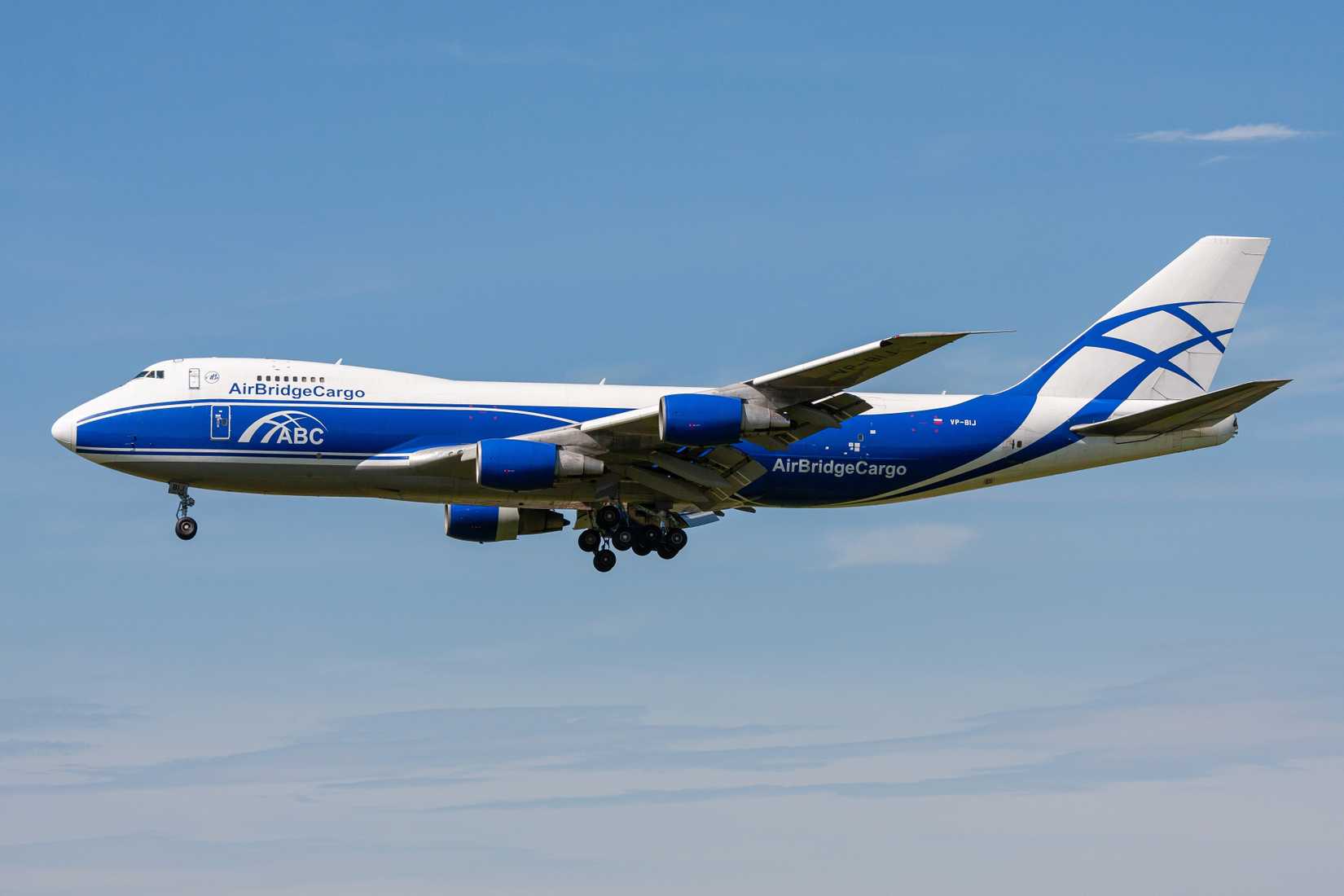 Russian AirBridgeCargo Boeing 747-200F with registration VP-BIJ on final for Amsterdam Airport Schiphol