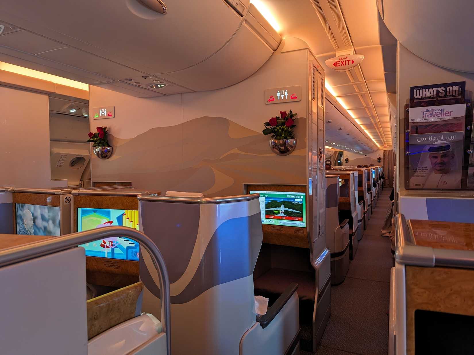 A business class cabin is seen onboard an Emirates A380 flight