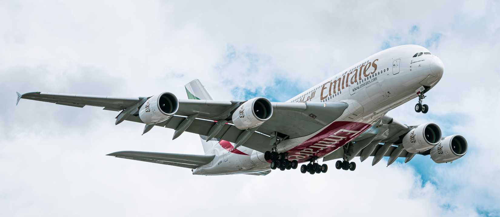 Emirates Airlines Airbus A380 approaching Heathrow Airport. London, United Kingdom