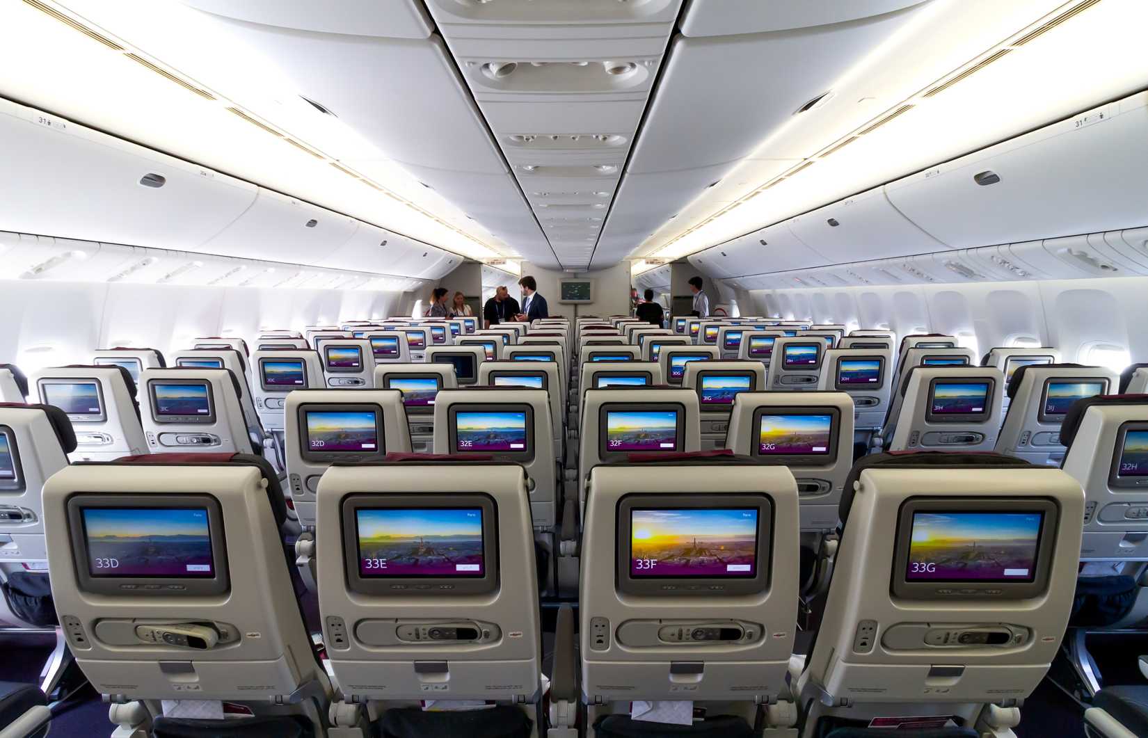 Interior cabin view of the Qatar Airways Boeing 777-300ER airliner at the Paris Air Show. Le Bourget, France