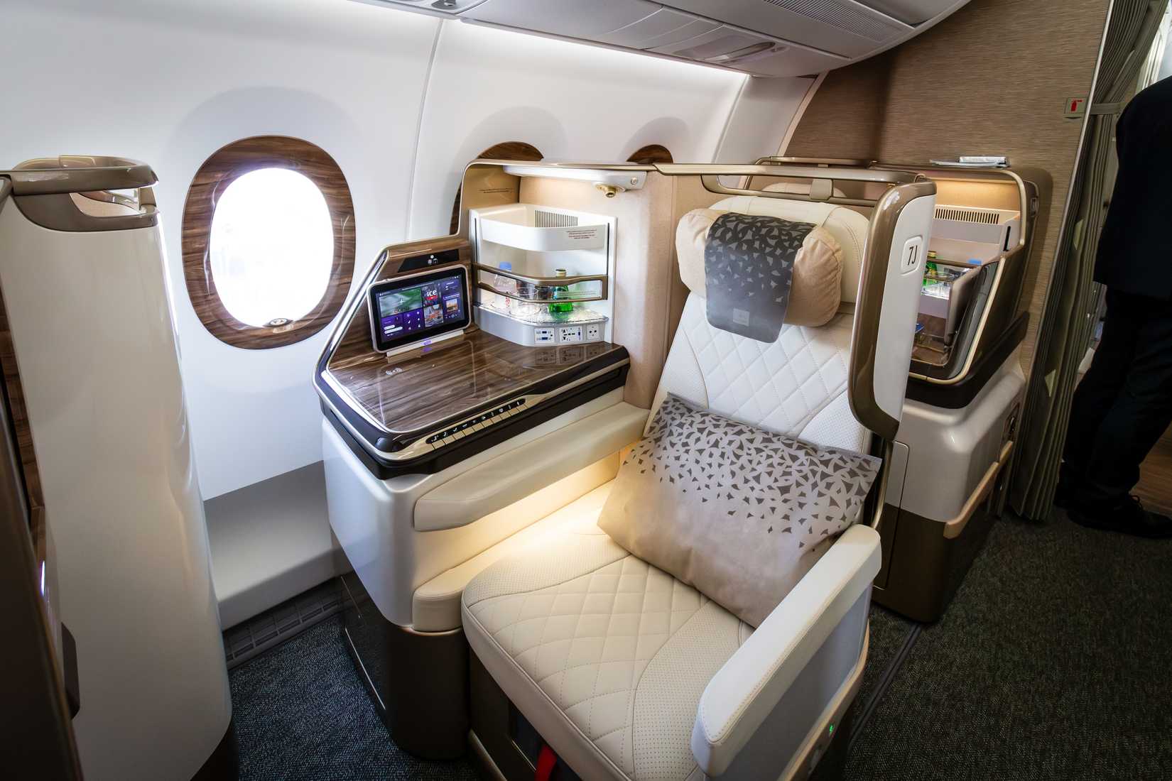 First Class seat in the Emirates Airbus A350 aircraft at the Paris Air Show