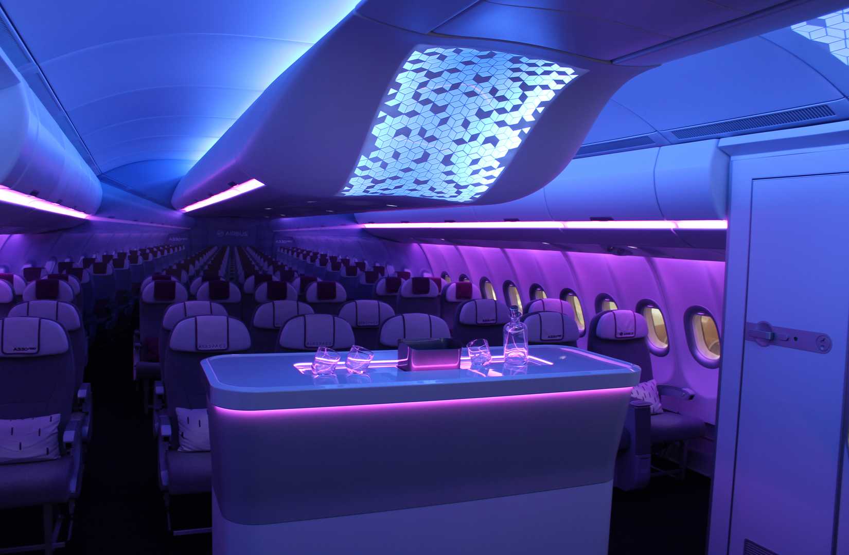 Airbus showcases its mock Airbus A330neo 'Airspace' economy cabin at its headquarters in Toulouse