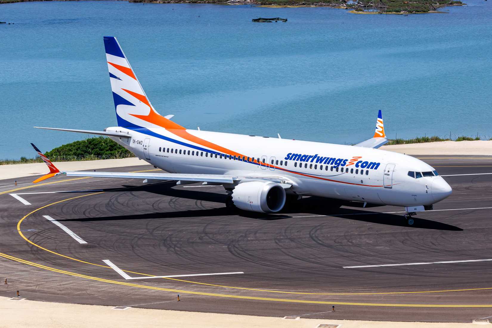 SmartWings Boeing 737-8 MAX airplane at Corfu Airport in Greece.