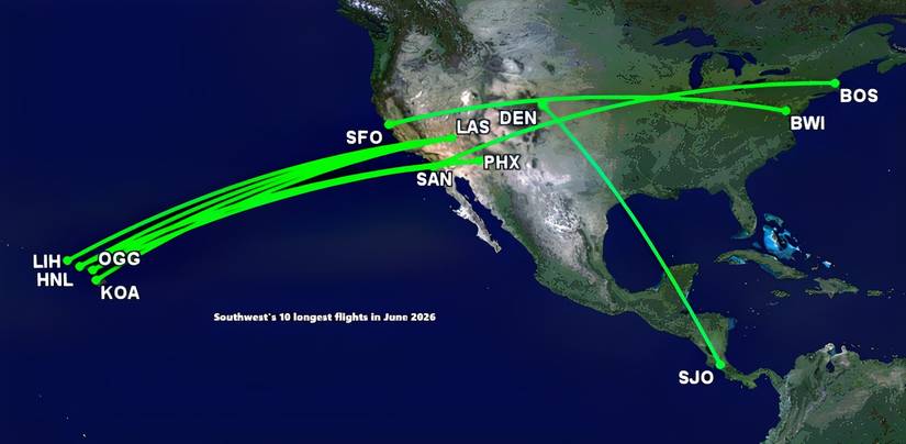 Southwest's 10 longest flights in June 2026