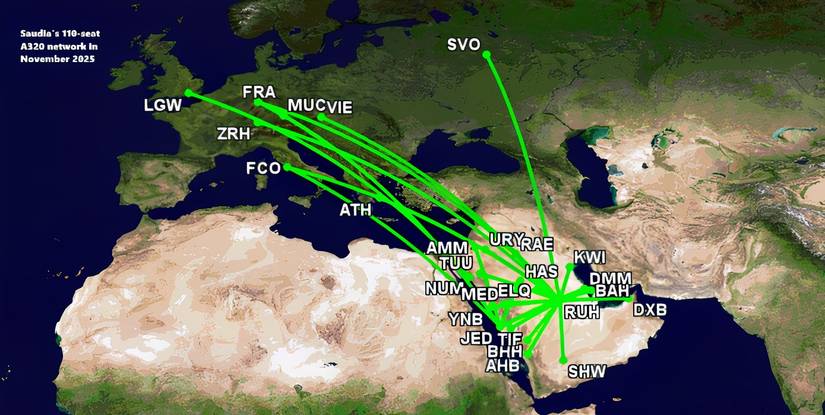SV's 110-seat A320 network in Nov 2025