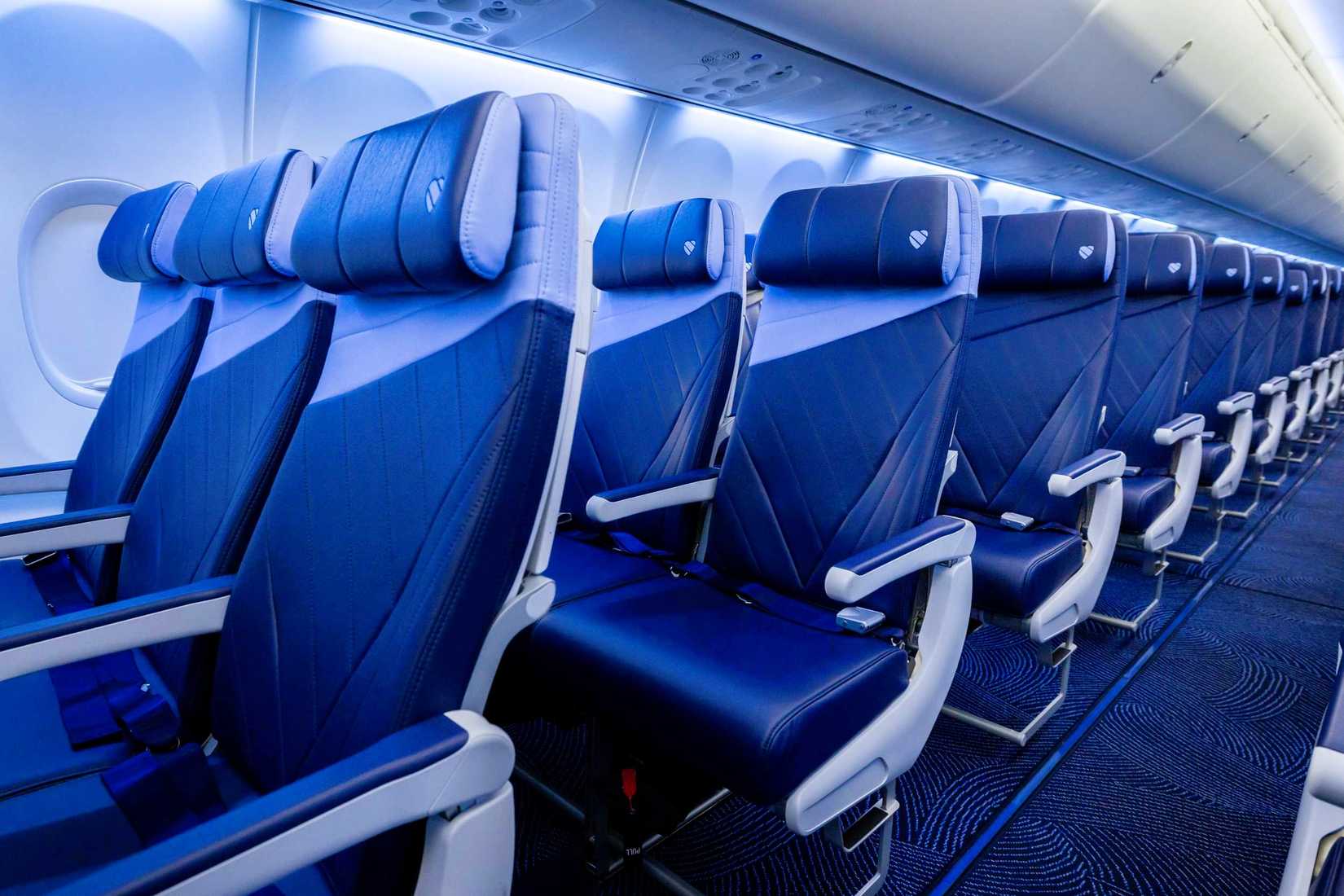 The Southwest RECARO R2 Extra Legroom seats feature a sky blue sunray design that is visible from the front and back.