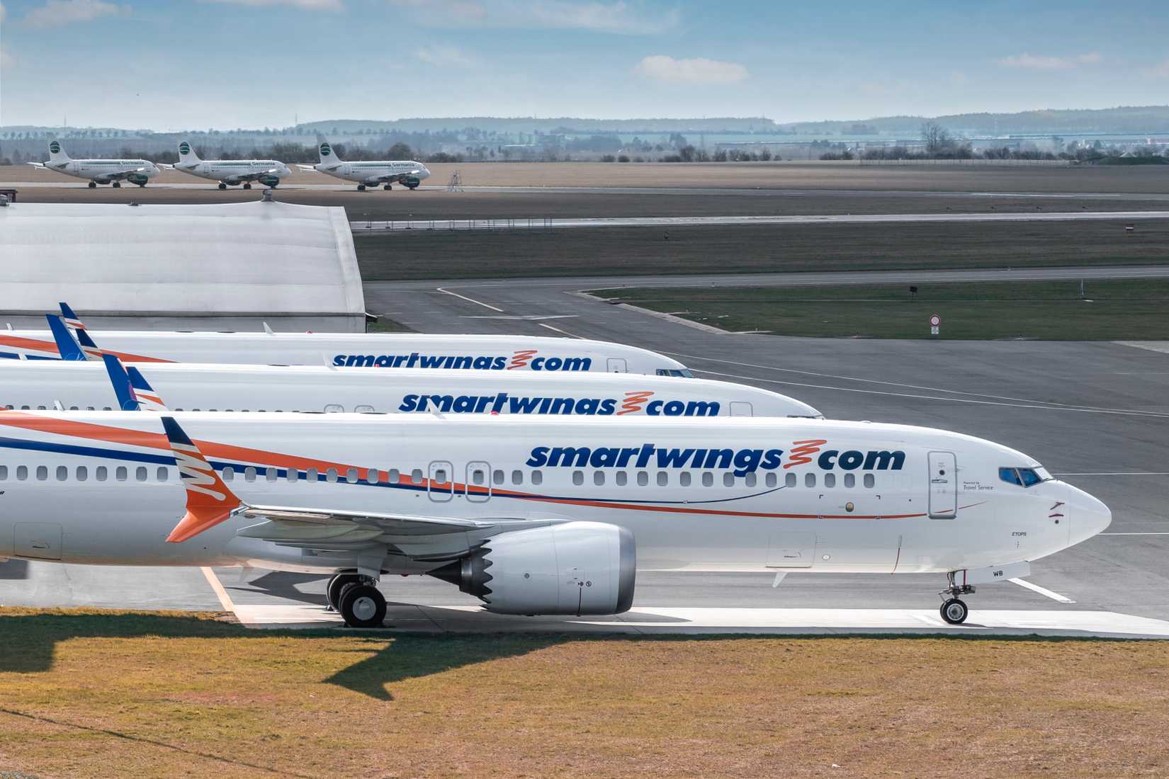 Three Smartwings Boeings 737-8 MAX at PRG Airport on March 25, 2019 in Prague, Czech Republic.