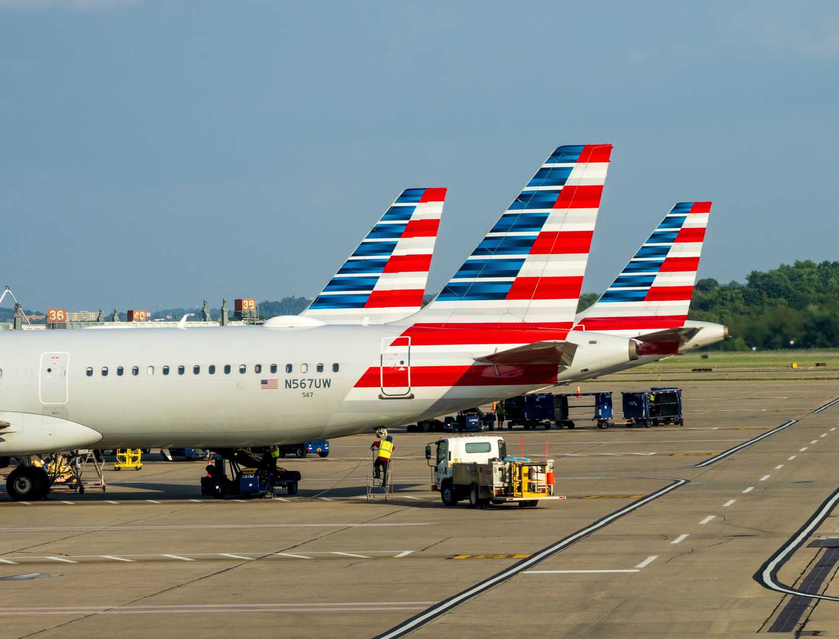 Three tails of American Airlines Airbus 321 planes at the gate
