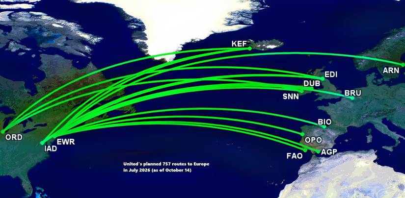 UA's 757 routes to Europe in July 2026