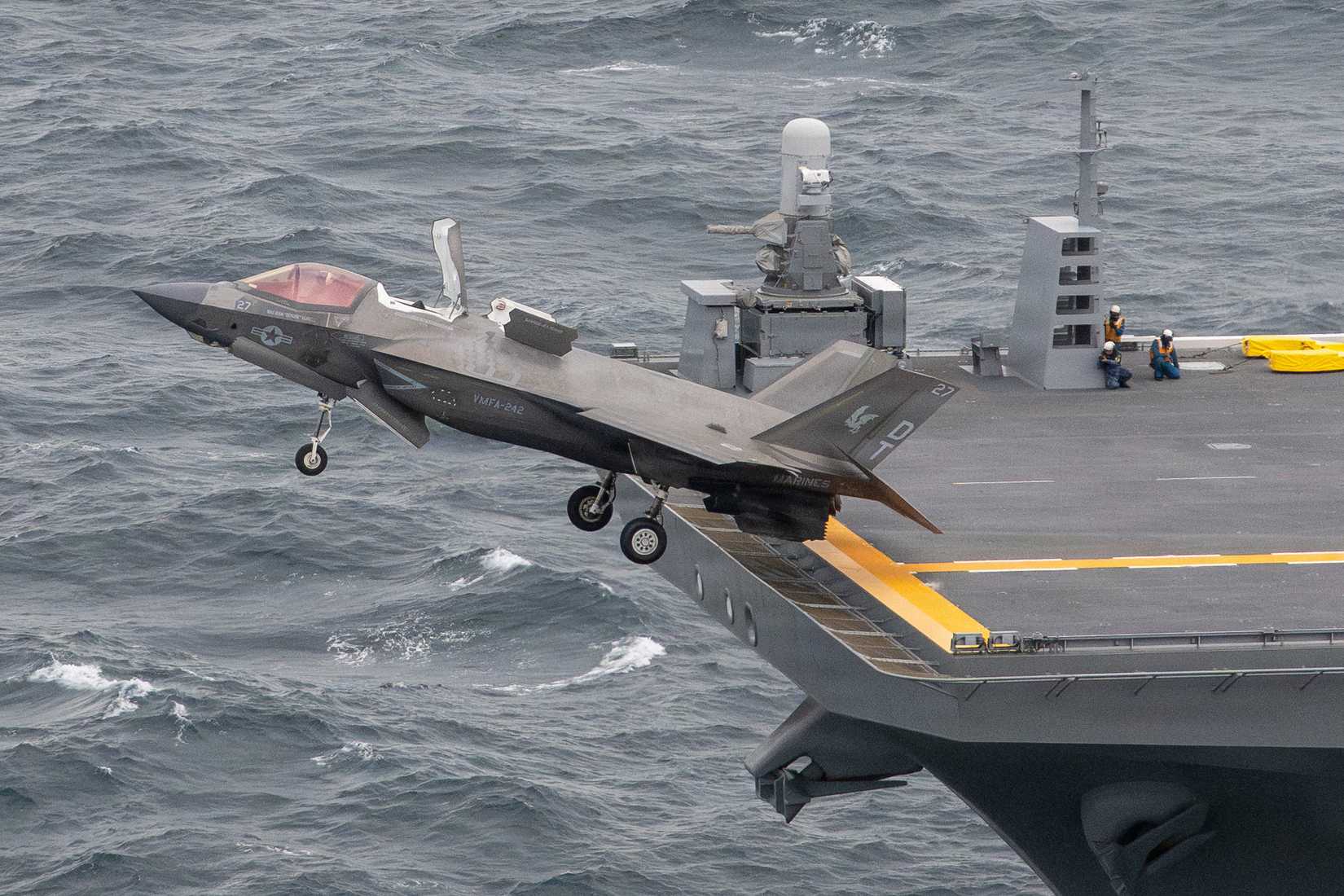 A USMC F-35B takes off aboard the JS Kaga during exercise ANNUALEX