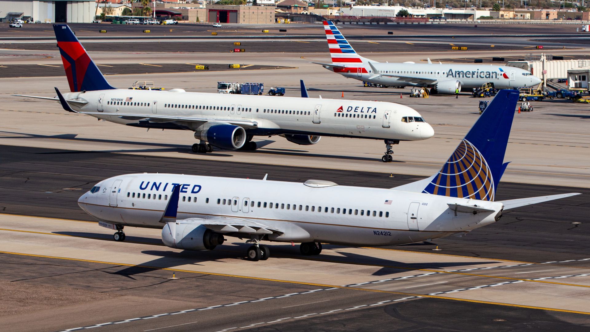 United Airlines, Delta Air Lines and American Airlines aircraft at Phoenix Sky Harbor International Airport