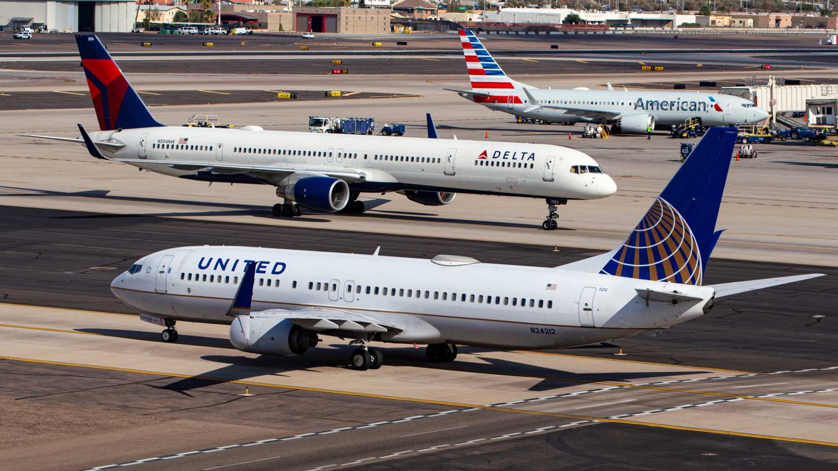 United Airlines, Delta Air Lines and American Airlines aircraft at Phoenix Sky Harbor International Airport