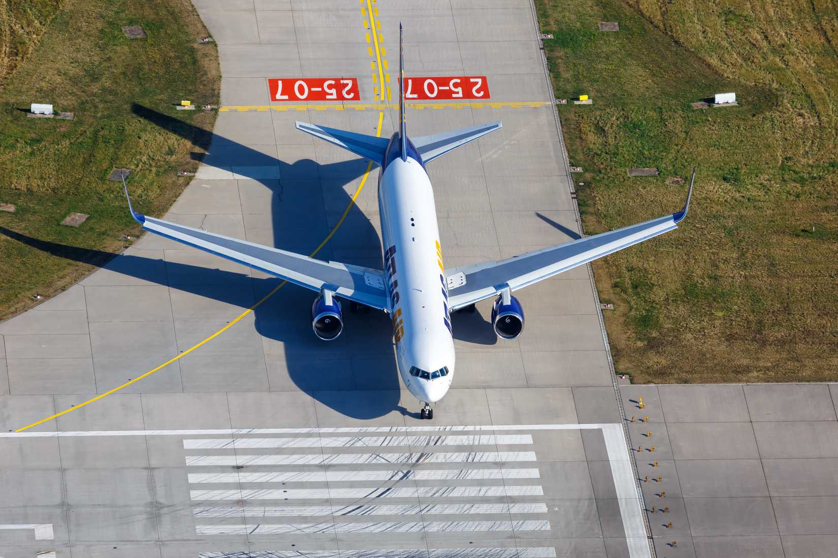 Aerial photo of an Atlas Air Boeing 767 airplane at Stuttgart airport (STR) in Germany.