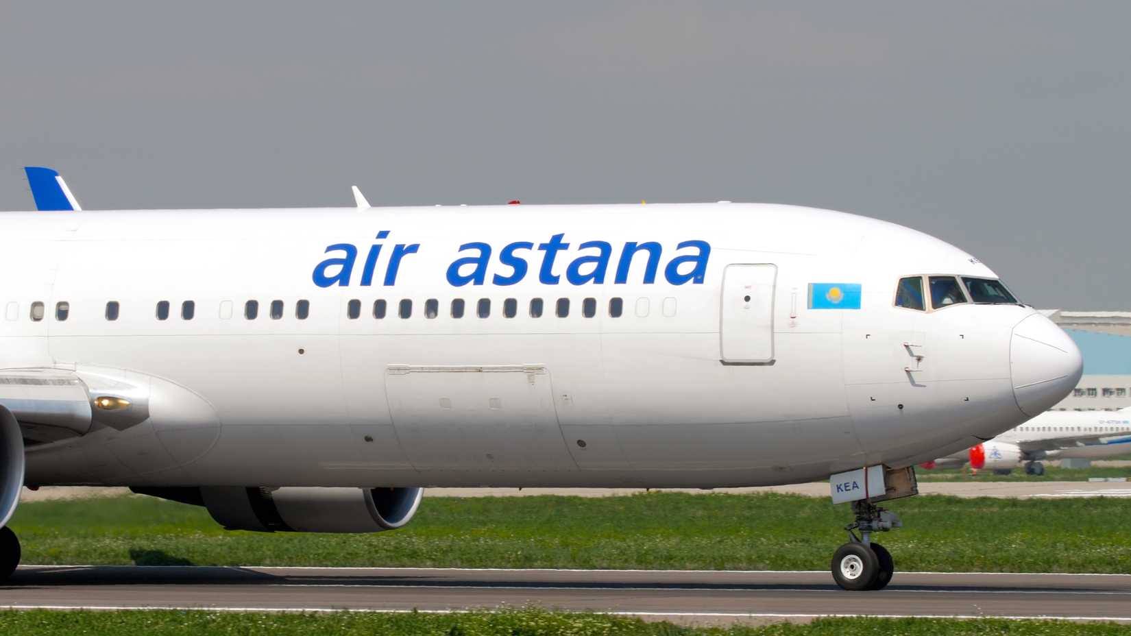 Air Astana Boeing 767 P4-KEA, braking after landing, Almaty International Airport, Kazakhstan.